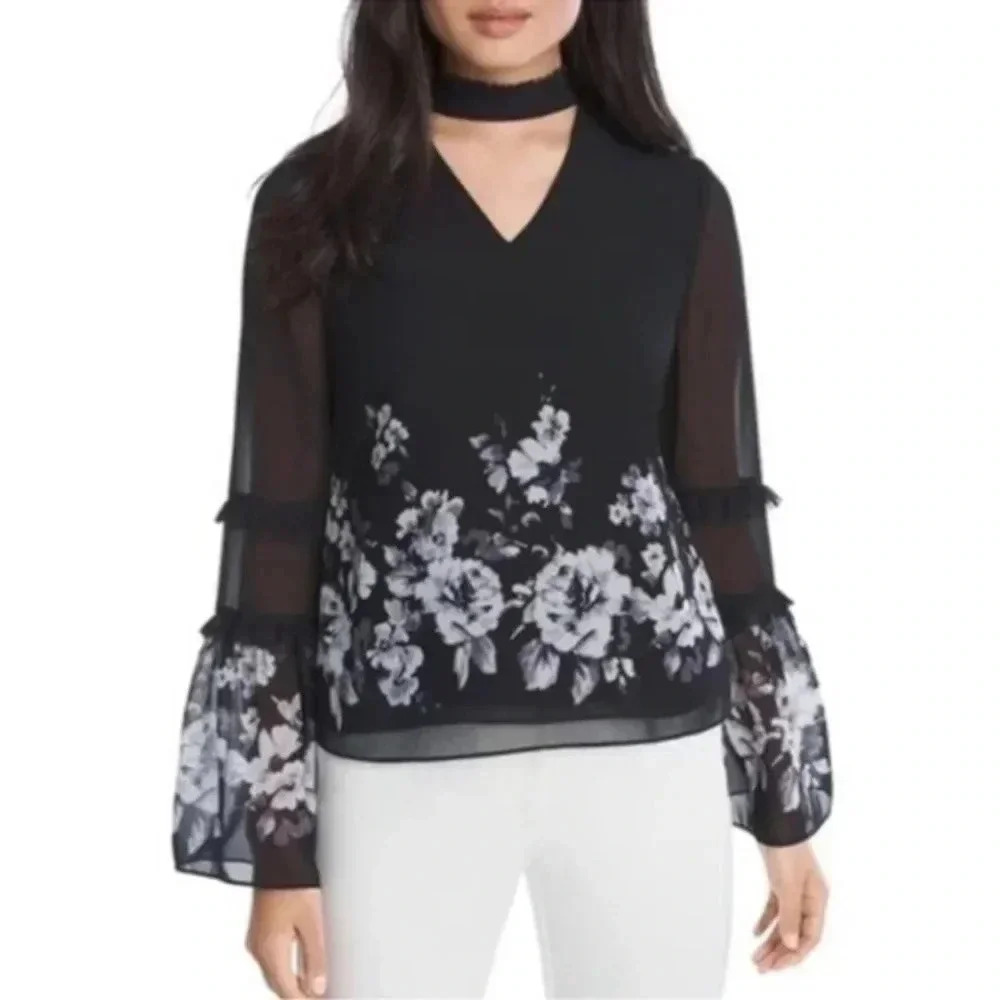 White House Black Market Black Floral Roses Choker Bell Sleeve Top Blouse Size 0